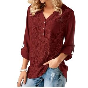 Vineyard Women’s Wine Red Chiffon Lace High Low  Cute Button Back Tabs Size XL‌
